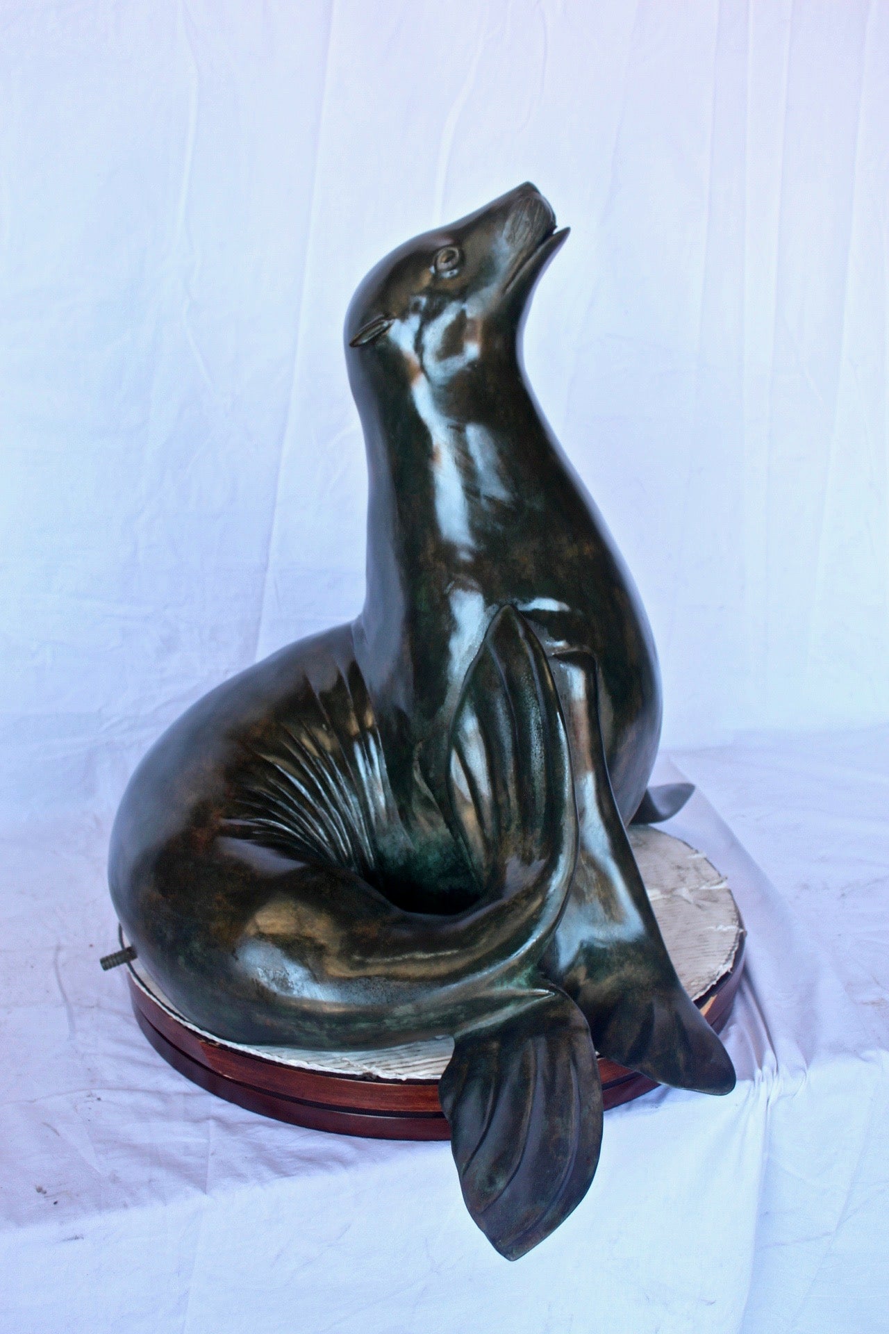 Perched seal bronze statue fountain green patina -  Size: 35"L x 24"W x 27"H.