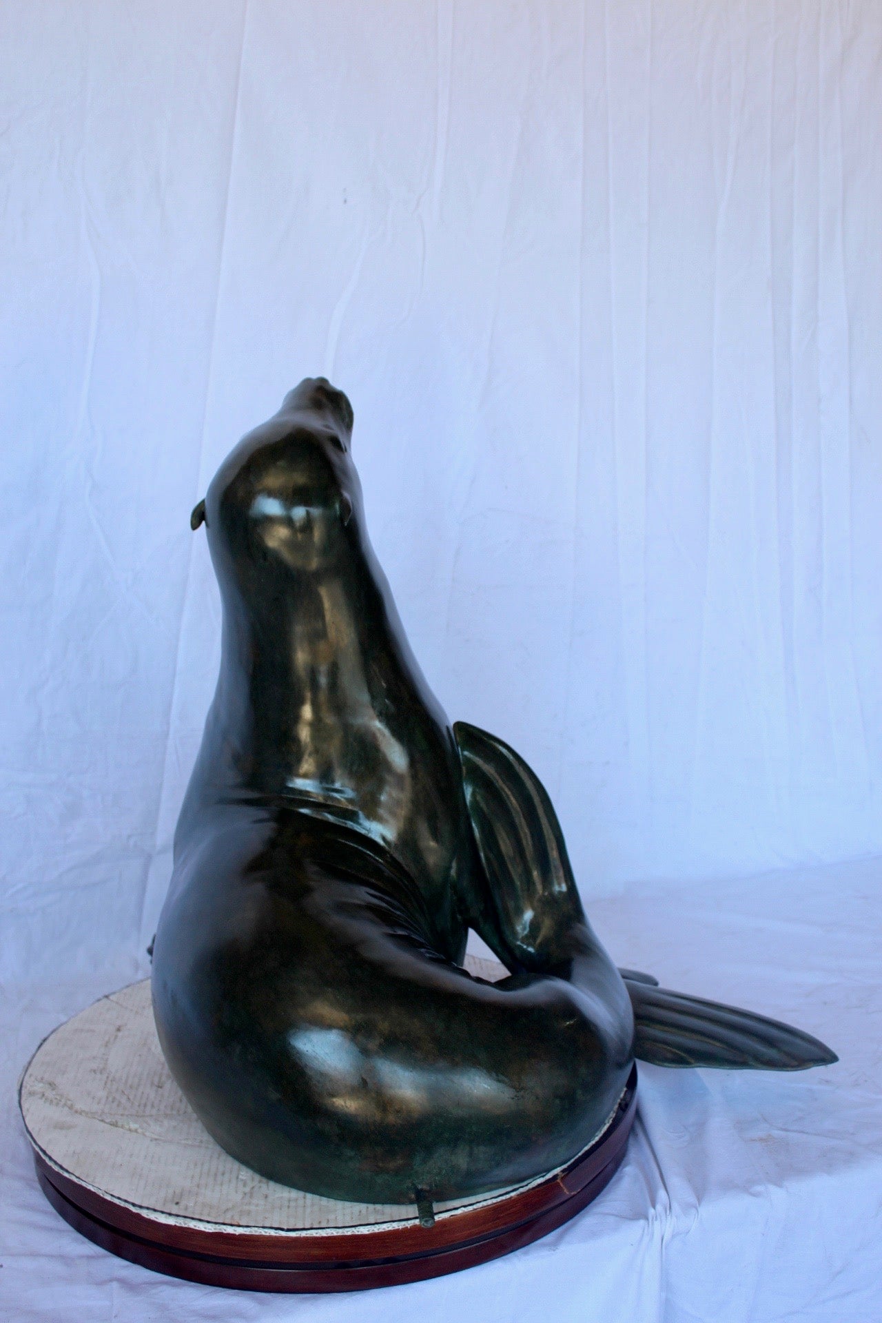 Perched seal bronze statue fountain green patina -  Size: 35"L x 24"W x 27"H.