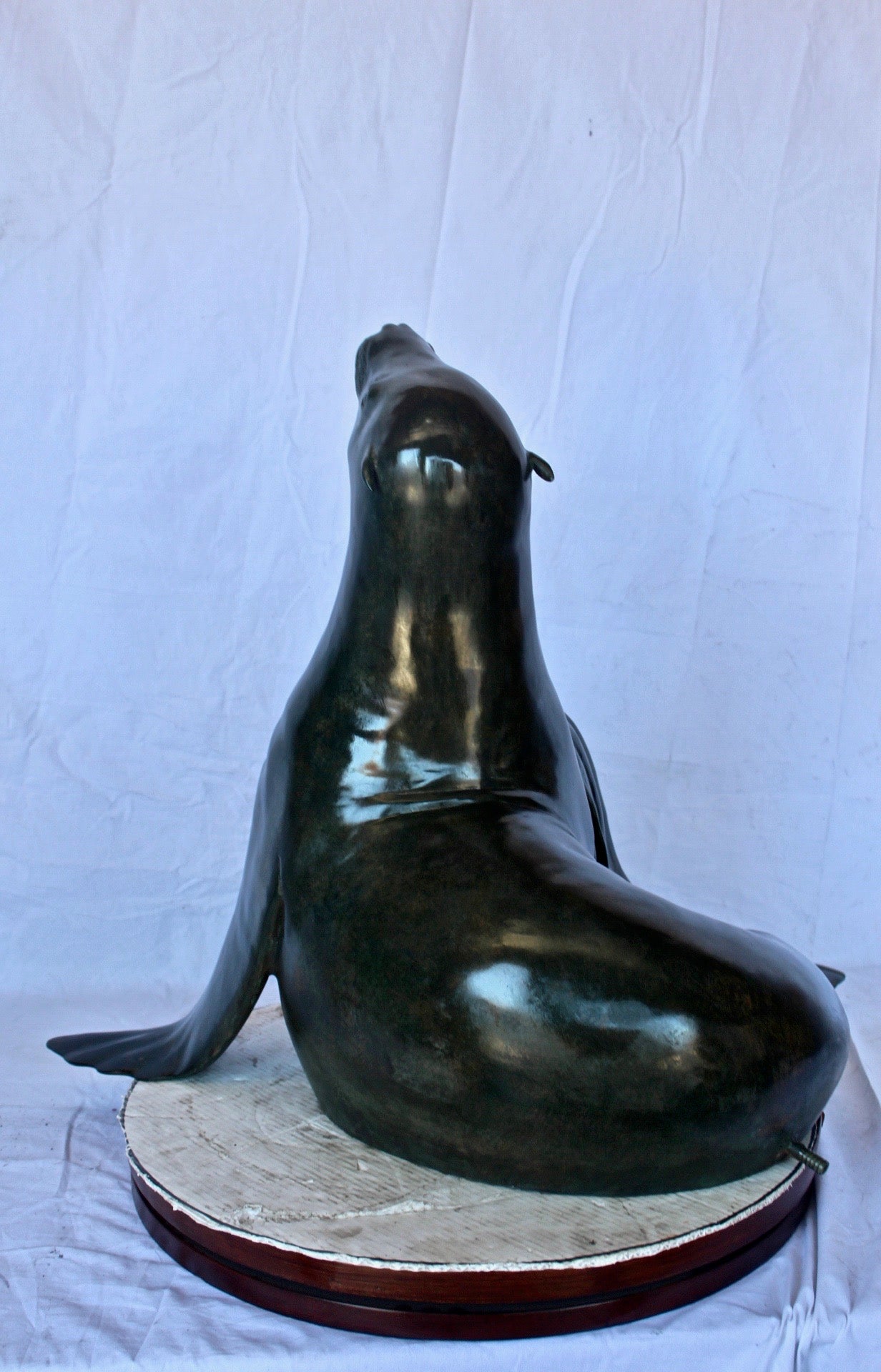 Perched seal bronze statue fountain green patina -  Size: 35"L x 24"W x 27"H.