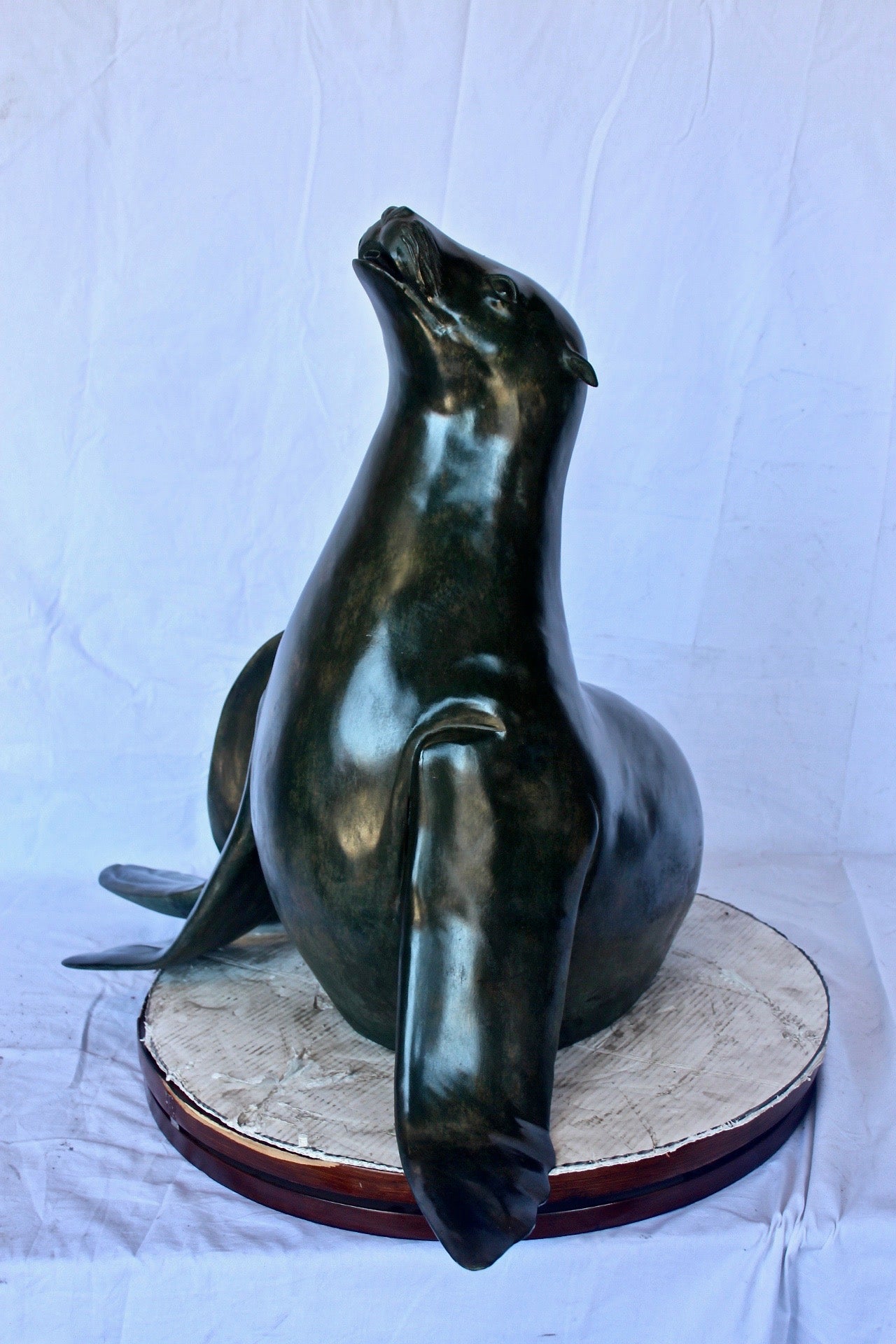 Perched seal bronze statue fountain green patina -  Size: 35"L x 24"W x 27"H.
