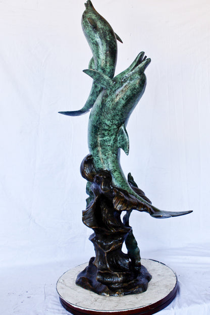 Set of jumping dolphins bronze statue fountain -  Size: 27"L x 16"W x 56"H.