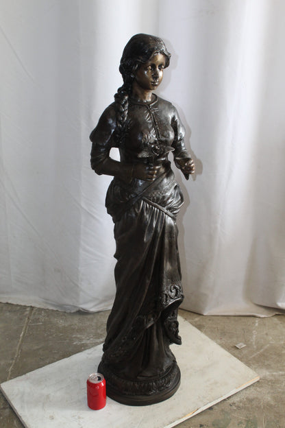 Classic Bronze Statue, Elegant Young Girl holding flowers 13" x 14" x 39"H
