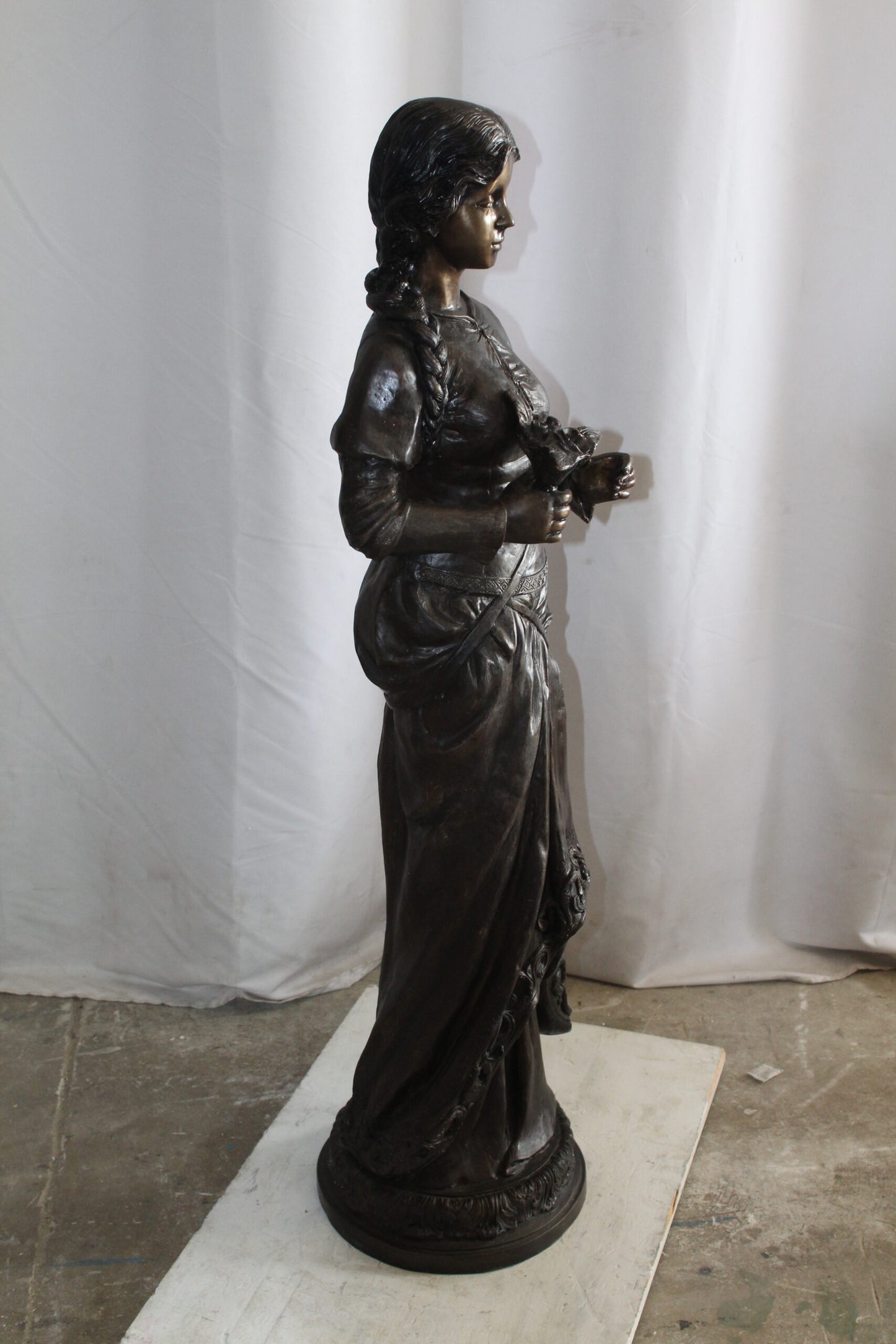 Classic Bronze Statue, Elegant Young Girl holding flowers 13" x 14" x 39"H