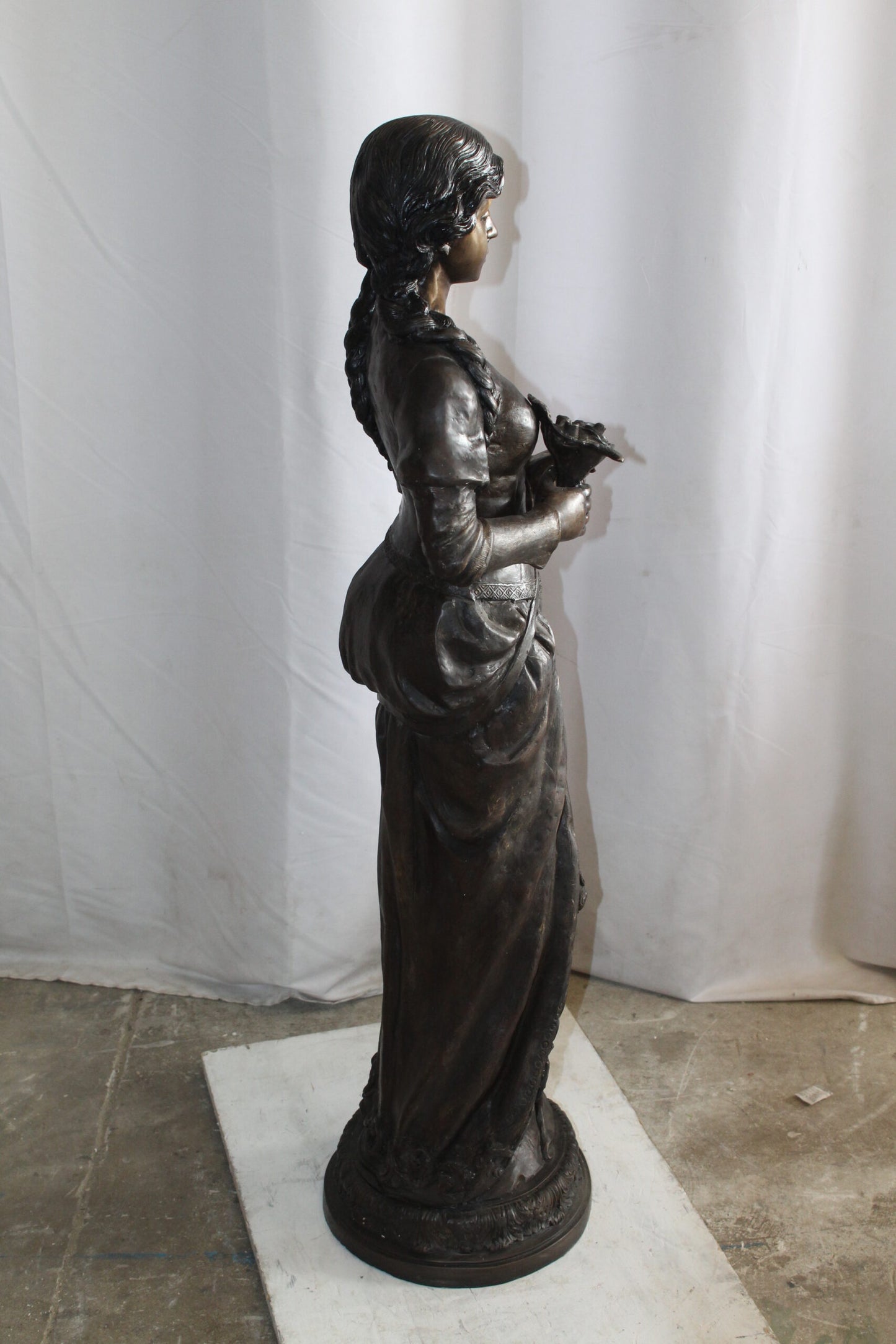 Classic Bronze Statue, Elegant Young Girl holding flowers 13" x 14" x 39"H