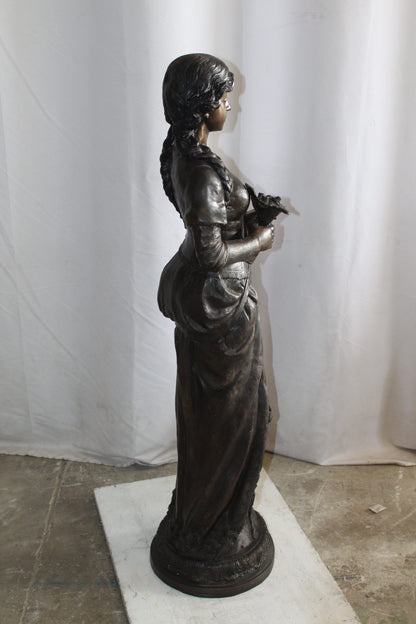 Classic Bronze Statue, Elegant Young Girl holding flowers 13" x 14" x 39"H