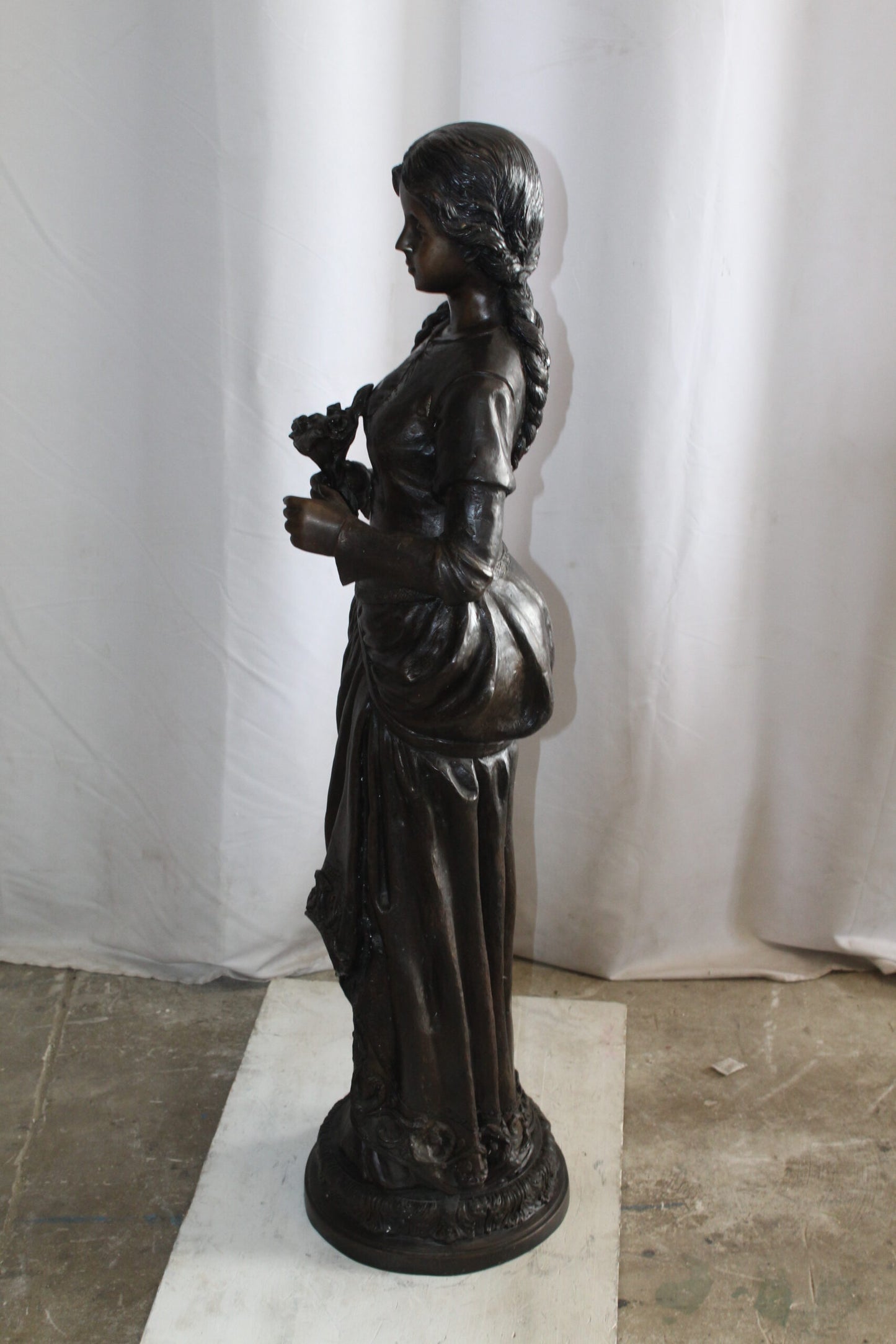 Classic Bronze Statue, Elegant Young Girl holding flowers 13" x 14" x 39"H