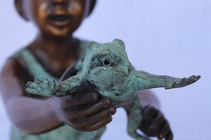Young boy holding a frog bronze statue fountain -  Size: 18"L x 10"W x 22"H.
