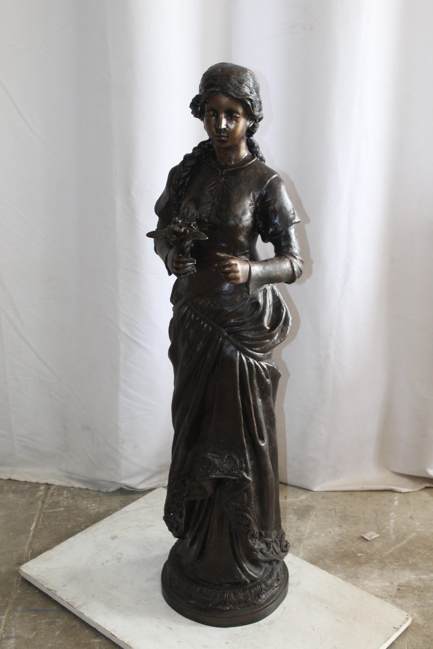 Classic Bronze Statue, Elegant Young Girl holding flowers 13" x 14" x 39"H