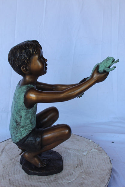 Young boy holding a frog bronze statue fountain -  Size: 18"L x 10"W x 22"H.