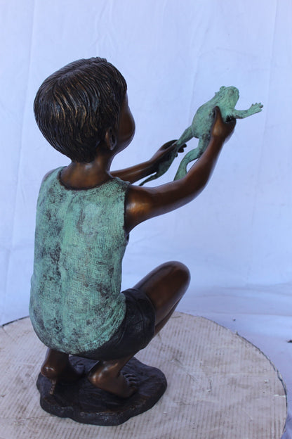 Young boy holding a frog bronze statue fountain -  Size: 18"L x 10"W x 22"H.