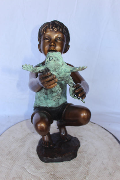 Young boy holding a frog bronze statue fountain -  Size: 18"L x 10"W x 22"H.