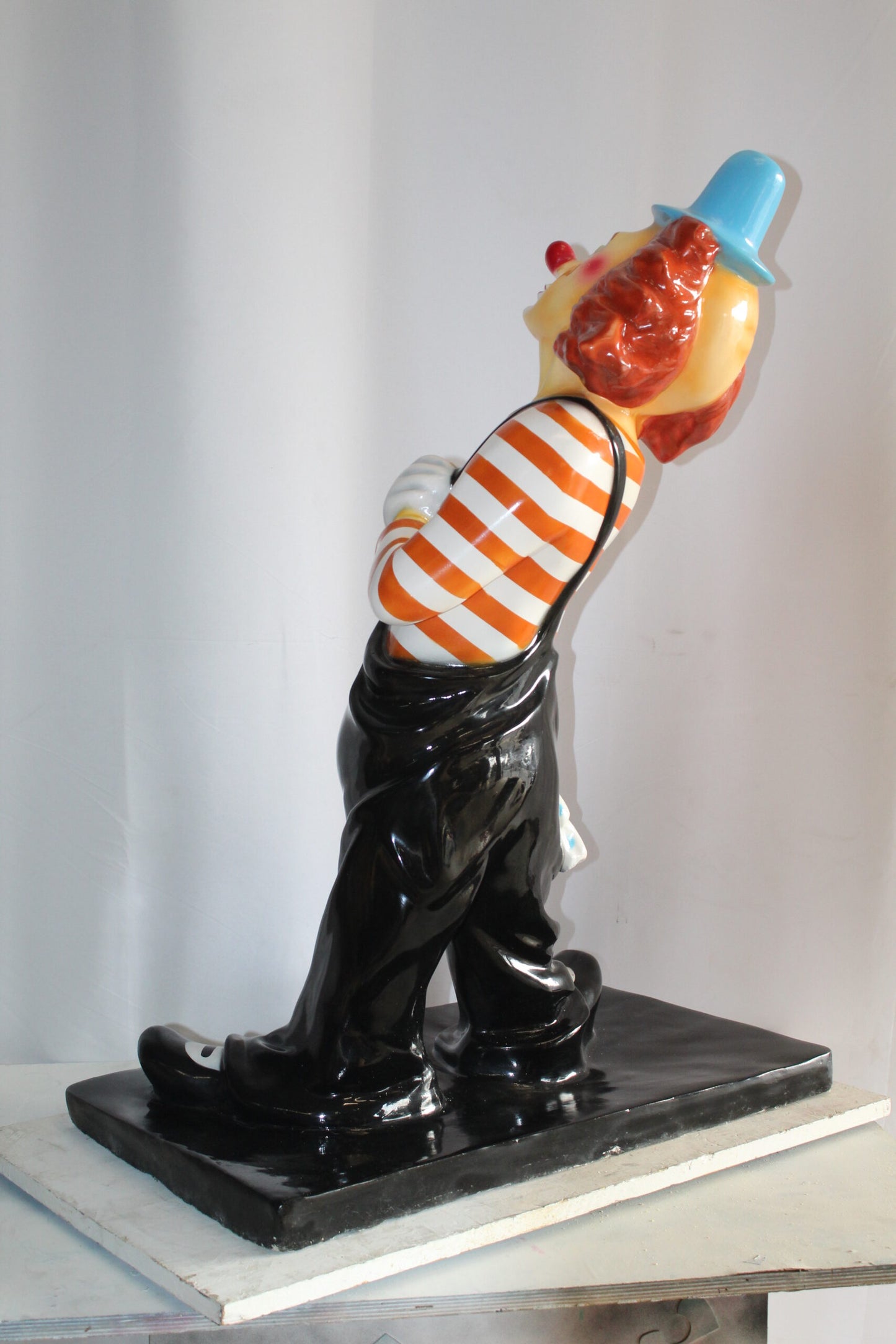 Colorful Fiberglass Clown Fiberglass Statue, Striped Shirt 27" x 17" x 39"H