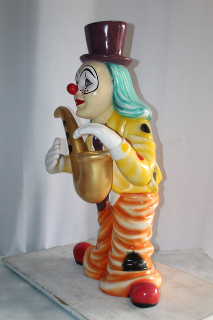 Whimsical Clown Fiberglass Statue, Jazzing Up with Saxophone 19" x 18" x 36"H