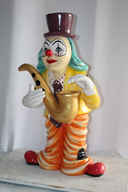 Whimsical Clown Fiberglass Statue, Jazzing Up with Saxophone 19" x 18" x 36"H