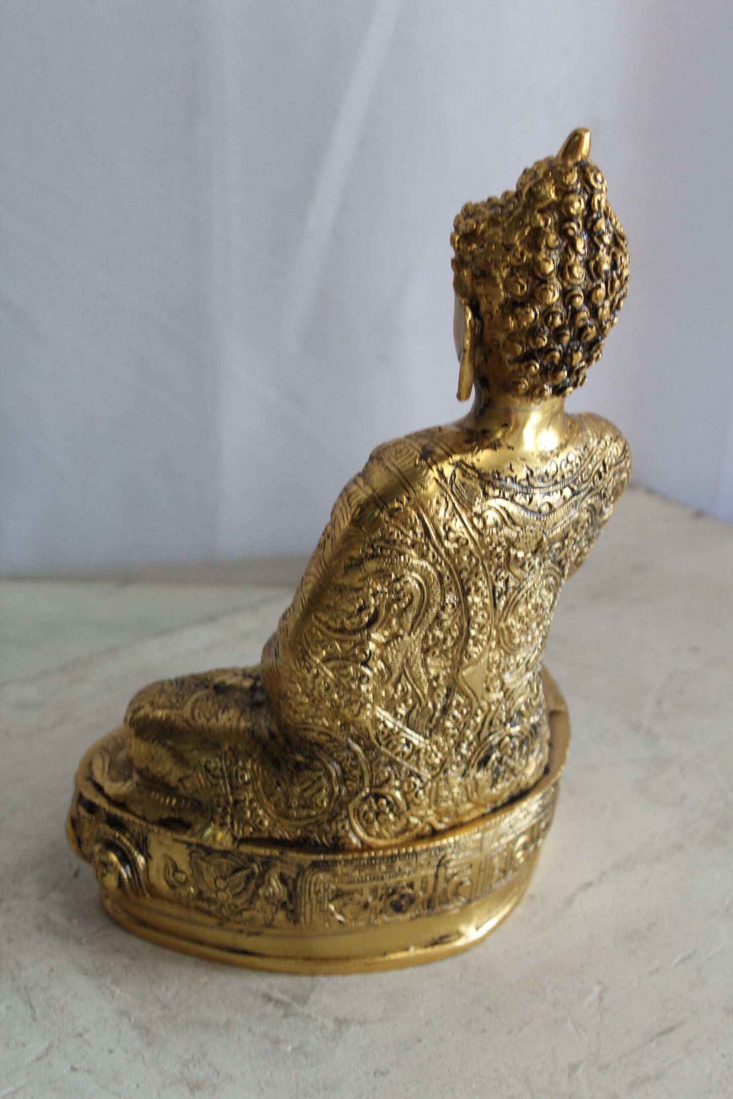 Tibetan Buddha Aluminum Sculpture in Radiant Gold Finish 10" x 7" x 14"H