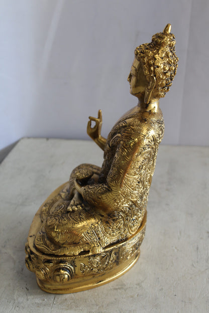 Tibetan Buddha Aluminum Sculpture in Radiant Gold Finish 10" x 7" x 14"H
