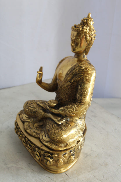 Tibetan Buddha Aluminum Sculpture in Radiant Gold Finish 10" x 7" x 14"H