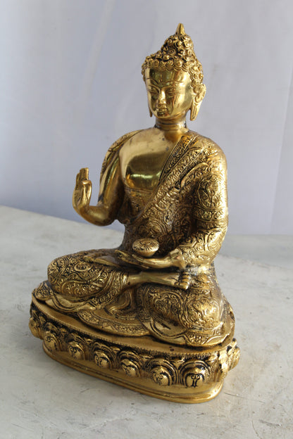 Tibetan Buddha Aluminum Sculpture in Radiant Gold Finish 10" x 7" x 14"H