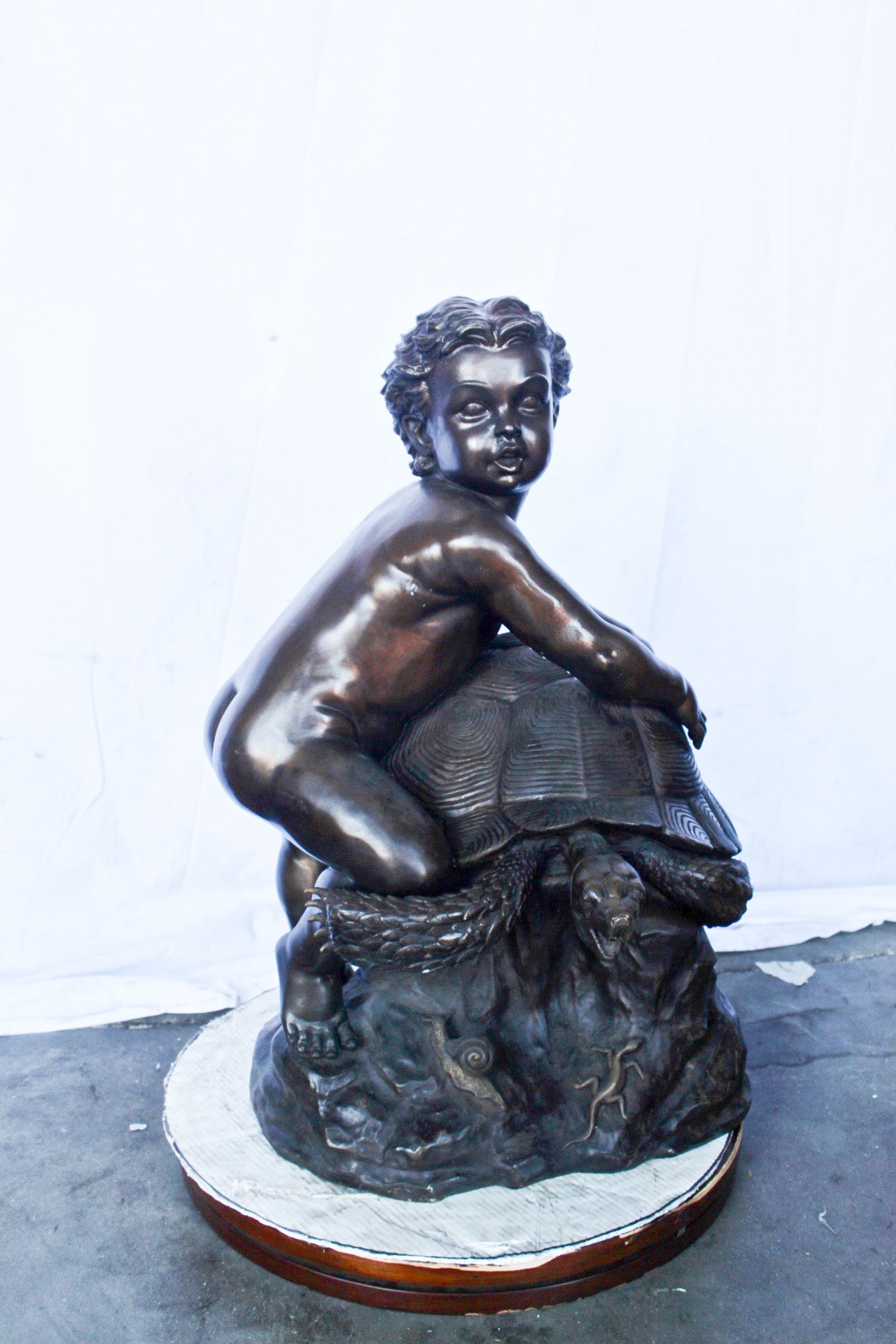 Naked toddler on turtle bronze statue Art Nude -  Size: 23"L x 26"W x 34"H.
