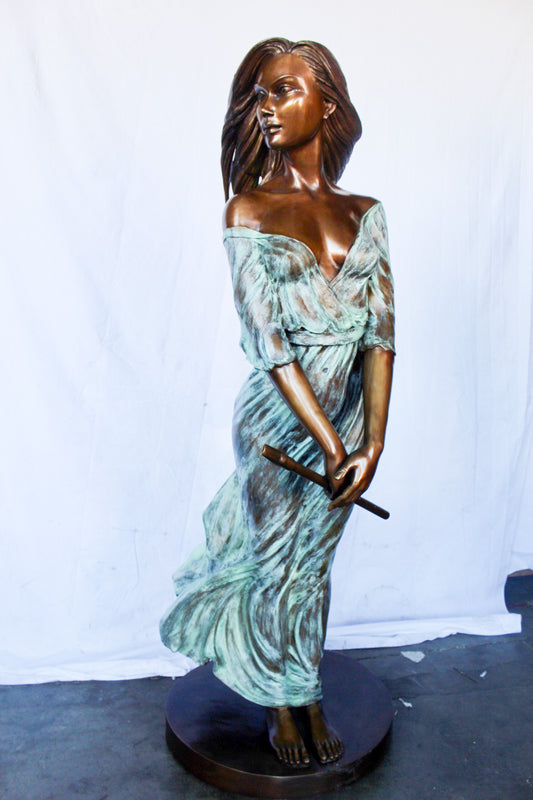 Beautifully exotic flutist women bronze statue -  Size: 34"L x 25"W x 68"H.