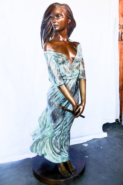 Beautifully exotic flutist women bronze statue -  Size: 34"L x 25"W x 68"H.