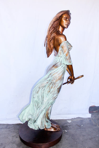 Beautifully exotic flutist women bronze statue -  Size: 34"L x 25"W x 68"H.