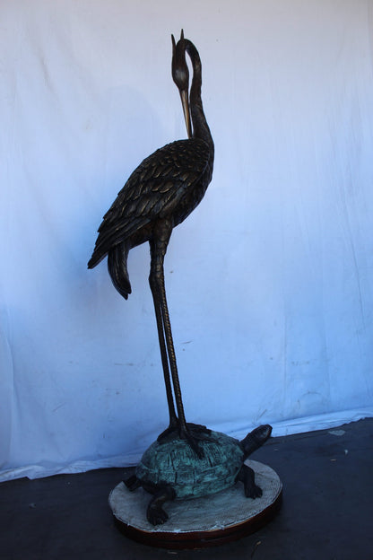 Blue Heron perched on turtle bronze statue fountain -  Size: 21"x 16"x 64"H