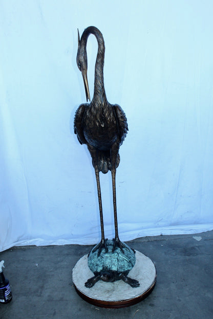 Blue Heron perched on turtle bronze statue fountain -  Size: 21"x 16"x 64"H