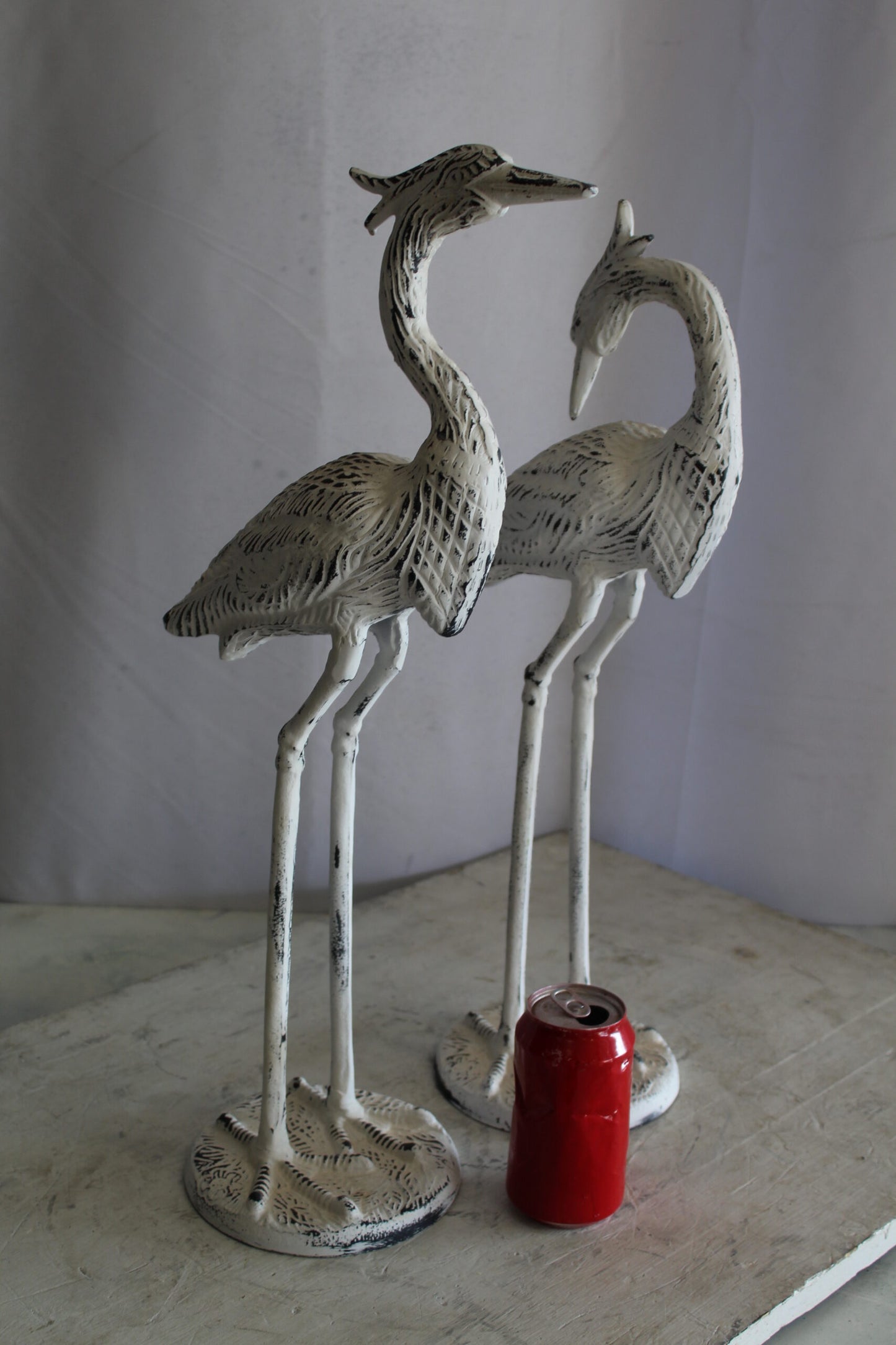 Pair of Aluminum Crane with White Patina Finish 10" x 12" x 23"H