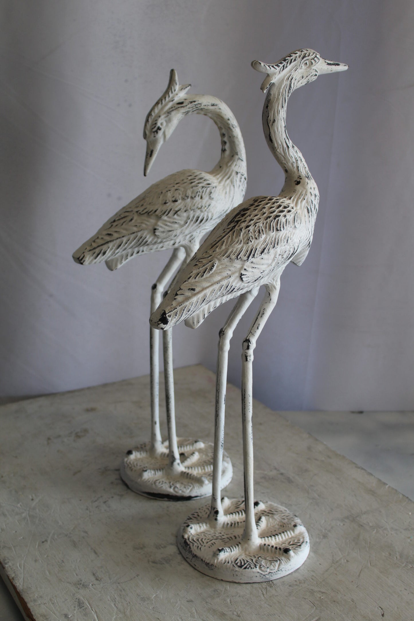 Pair of Aluminum Crane with White Patina Finish 10" x 12" x 23"H
