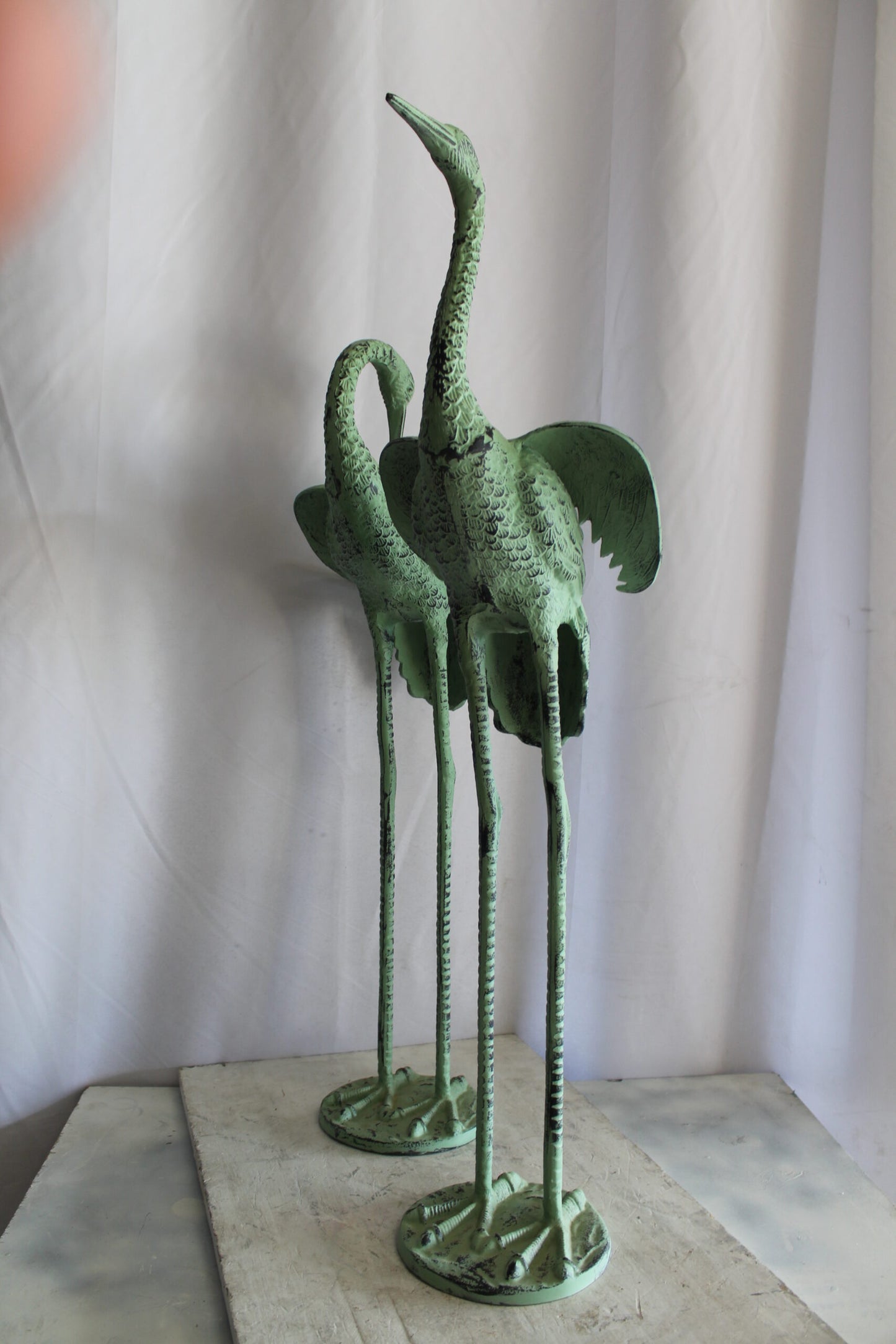 Pair of Aluminum Crane Wings Open with Green Patina Finish 10" x 8" x 22"H