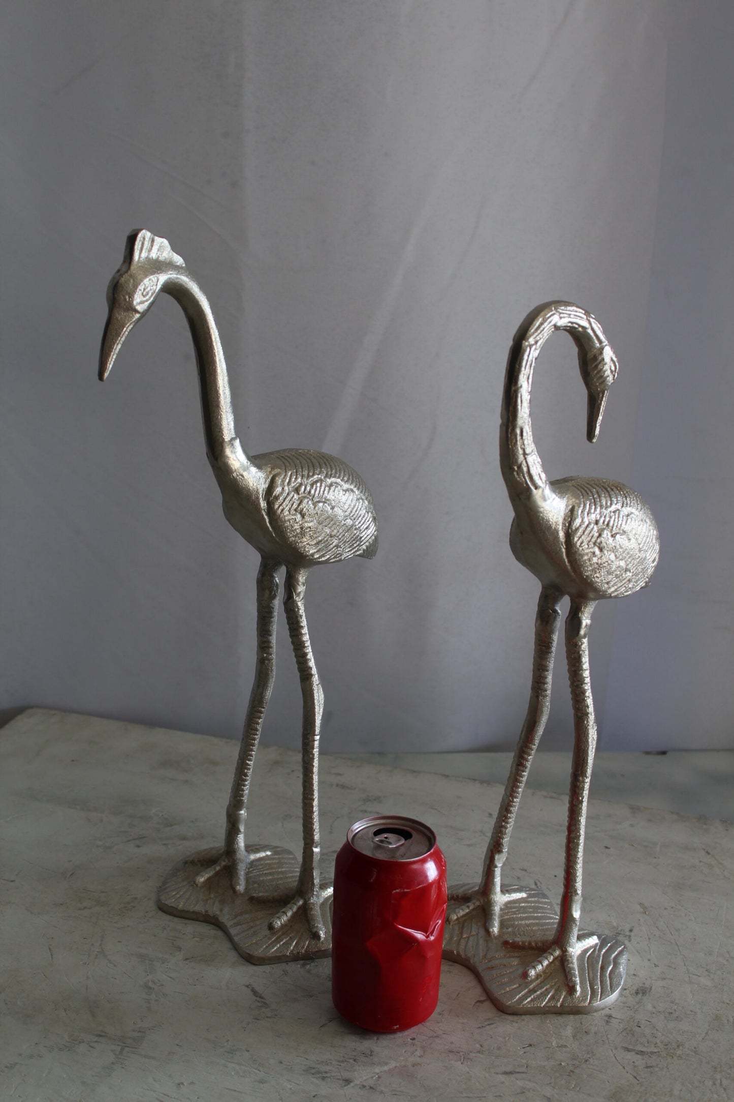 Art Deco Silver Flamingo Pair, Aluminum Decor Set 10" x 7" x 19"H