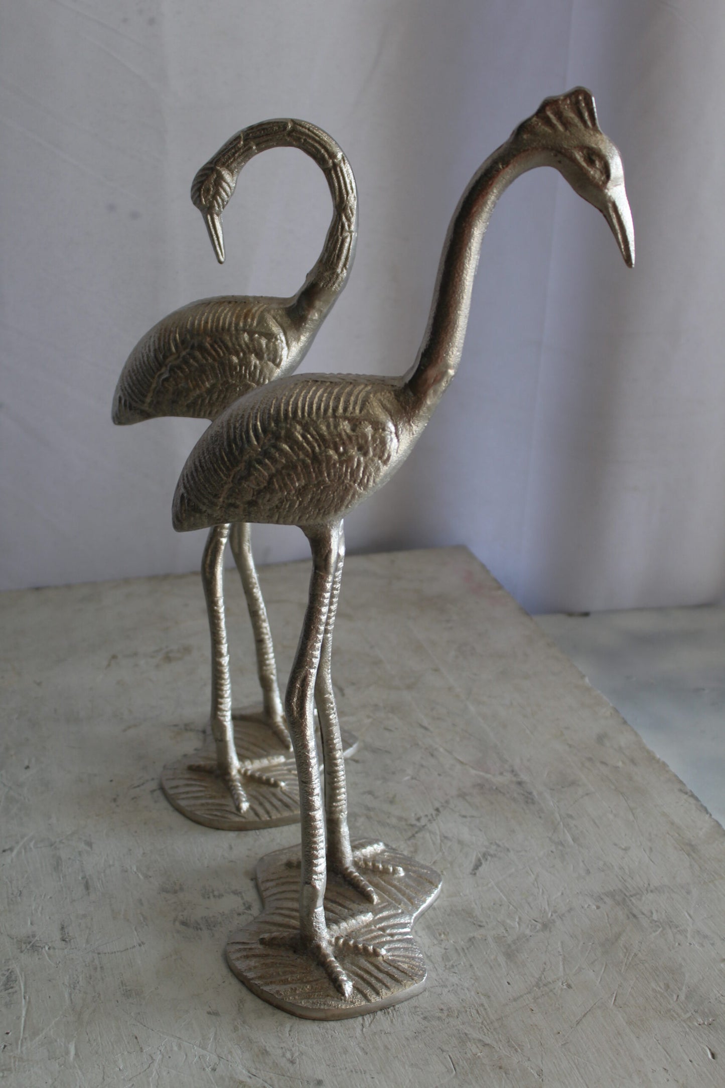 Art Deco Silver Flamingo Pair, Aluminum Decor Set 10" x 7" x 19"H