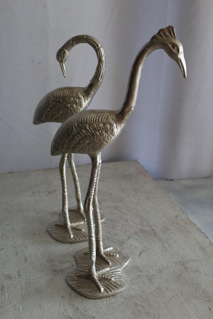 Art Deco Silver Flamingo Pair, Aluminum Decor Set 10" x 7" x 19"H