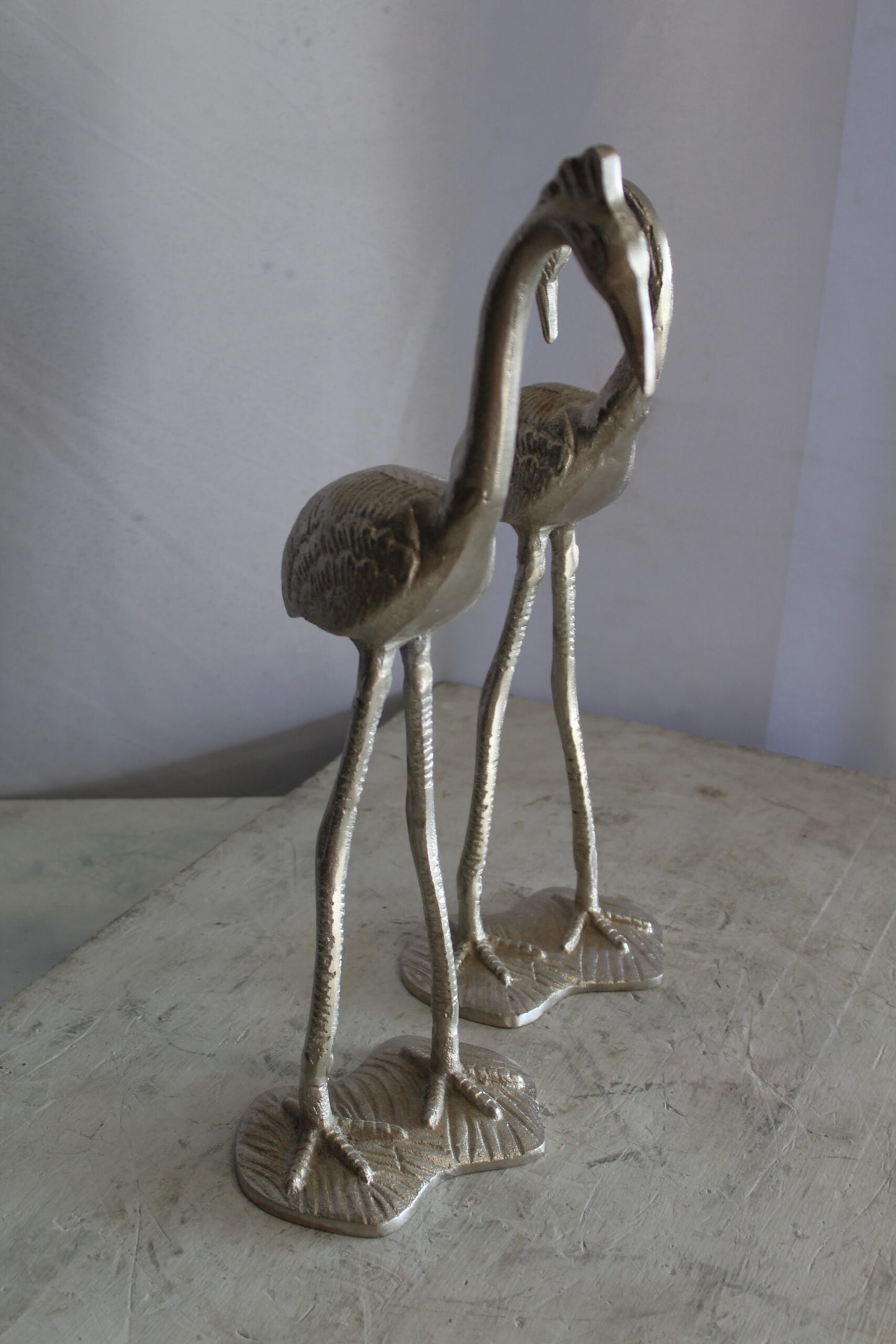 Art Deco Silver Flamingo Pair, Aluminum Decor Set 10" x 7" x 19"H