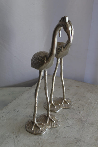 Art Deco Silver Flamingo Pair, Aluminum Decor Set 10" x 7" x 19"H