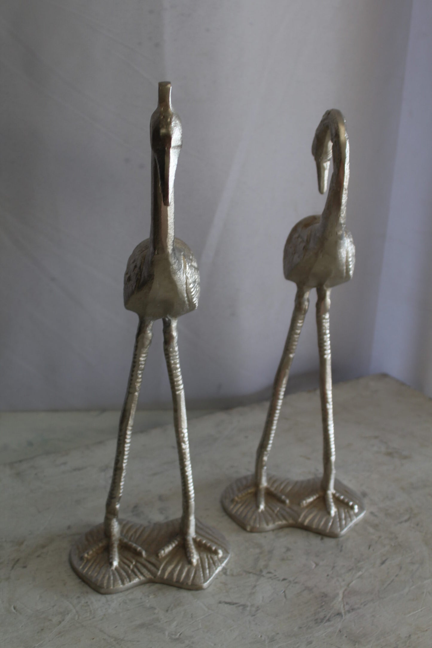 Art Deco Silver Flamingo Pair, Aluminum Decor Set 10" x 7" x 19"H