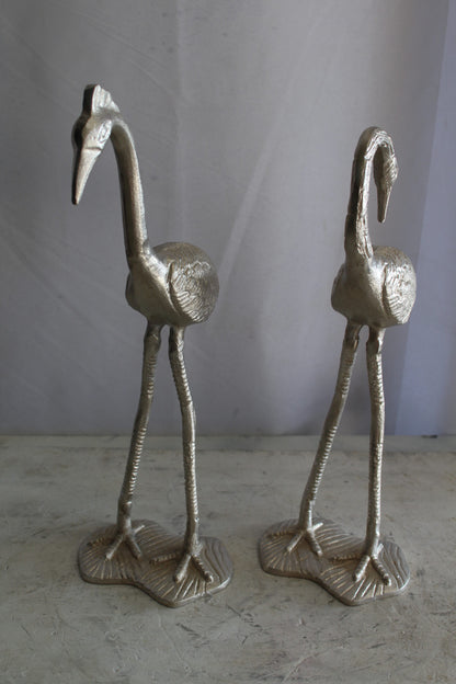 Art Deco Silver Flamingo Pair, Aluminum Decor Set 10" x 7" x 19"H