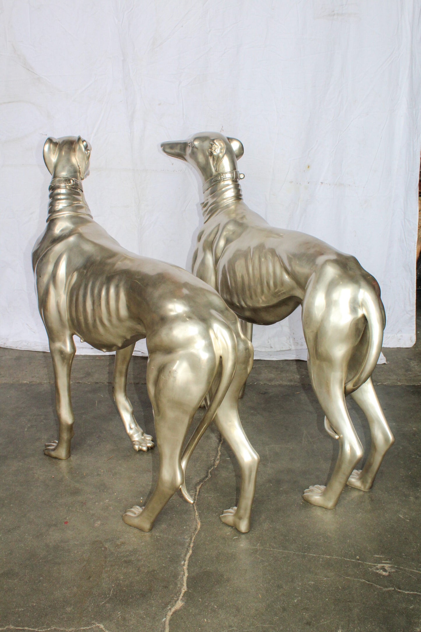 Pair of Greyhound Dogs Bronze Statues, Silver Plated Finish 48" x 12" x 40"H