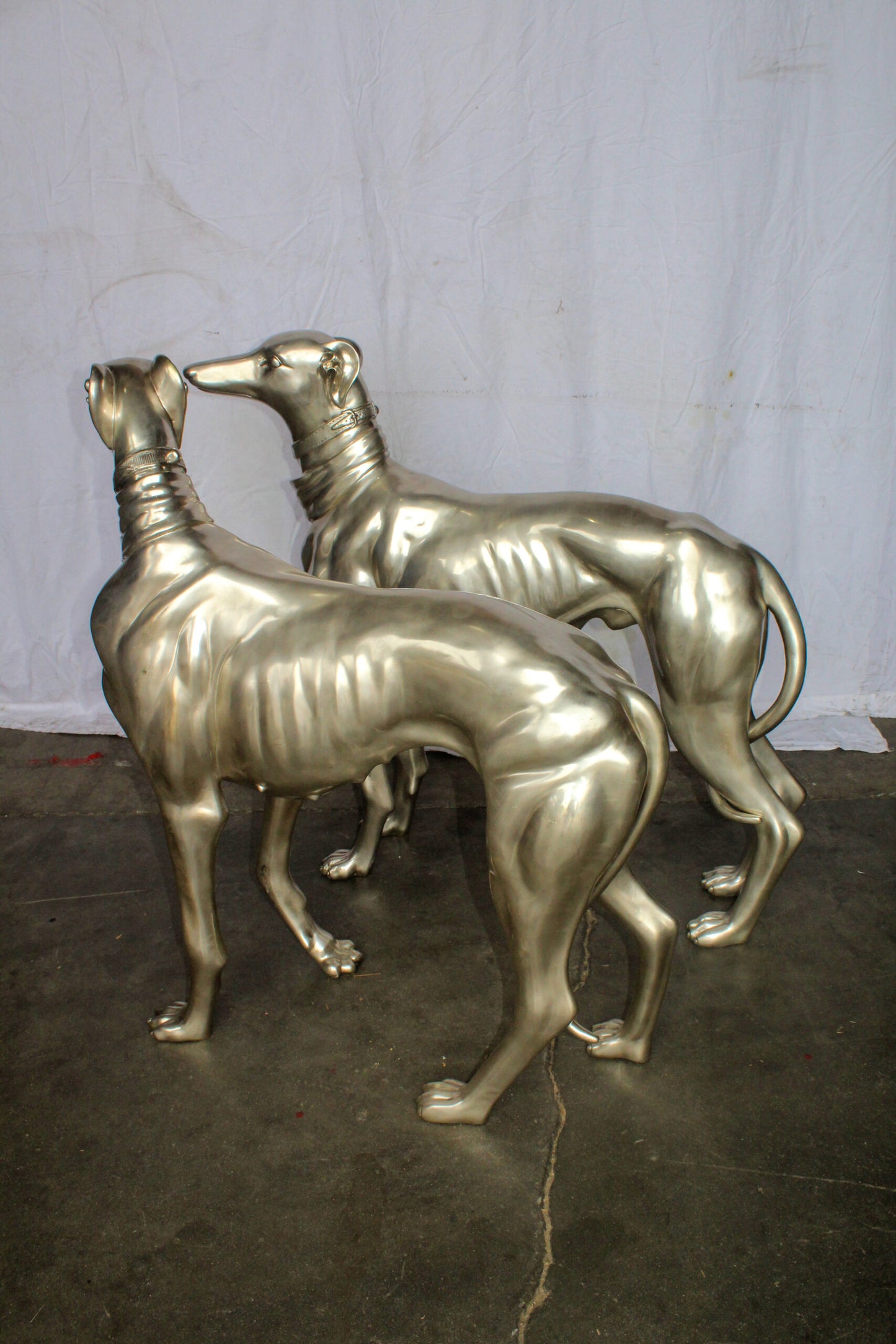 Pair of Greyhound Dogs Bronze Statues, Silver Plated Finish 48" x 12" x 40"H