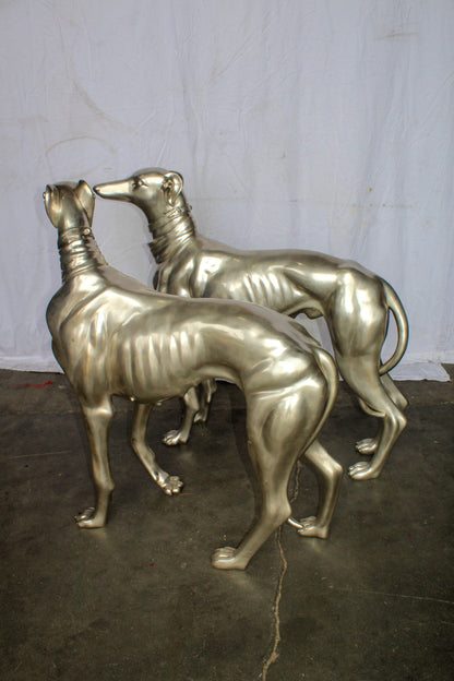 Pair of Greyhound Dogs Bronze Statues, Silver Plated Finish 48" x 12" x 40"H
