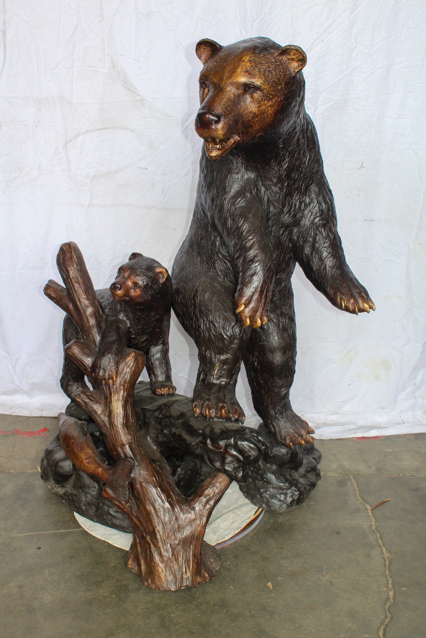 Giant Bronze Statue of a Standing Bear and Cub by the River 40" x 38" x 55"H