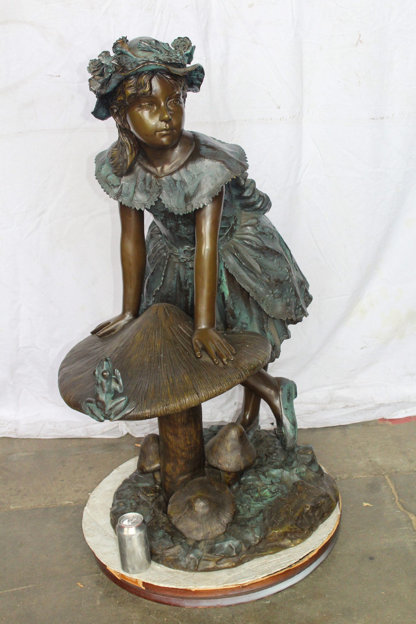 Elegant Girl Standing by a Frog on a Mushroom Bronze Fountain 31" x 20" x 43"H
