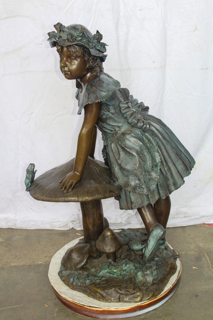Elegant Girl Standing by a Frog on a Mushroom Bronze Fountain 31" x 20" x 43"H