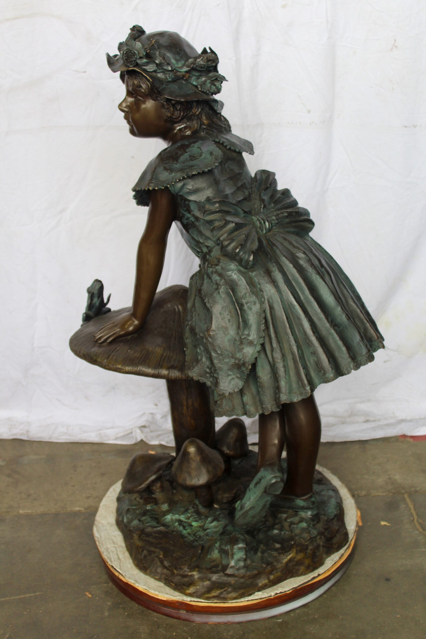 Elegant Girl Standing by a Frog on a Mushroom Bronze Fountain 31" x 20" x 43"H