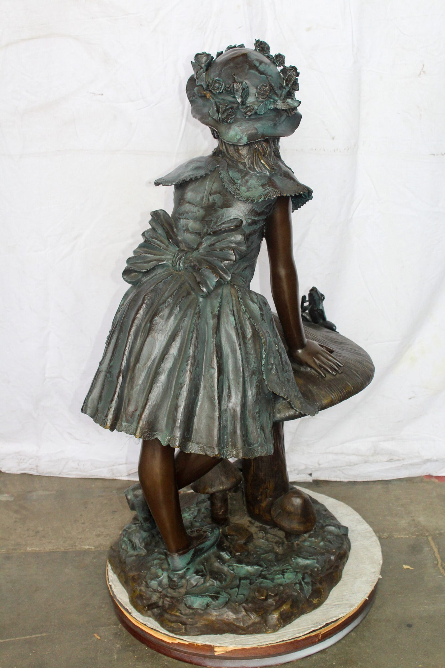 Elegant Girl Standing by a Frog on a Mushroom Bronze Fountain 31" x 20" x 43"H