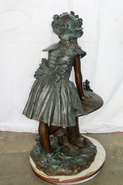 Elegant Girl Standing by a Frog on a Mushroom Bronze Fountain 31" x 20" x 43"H