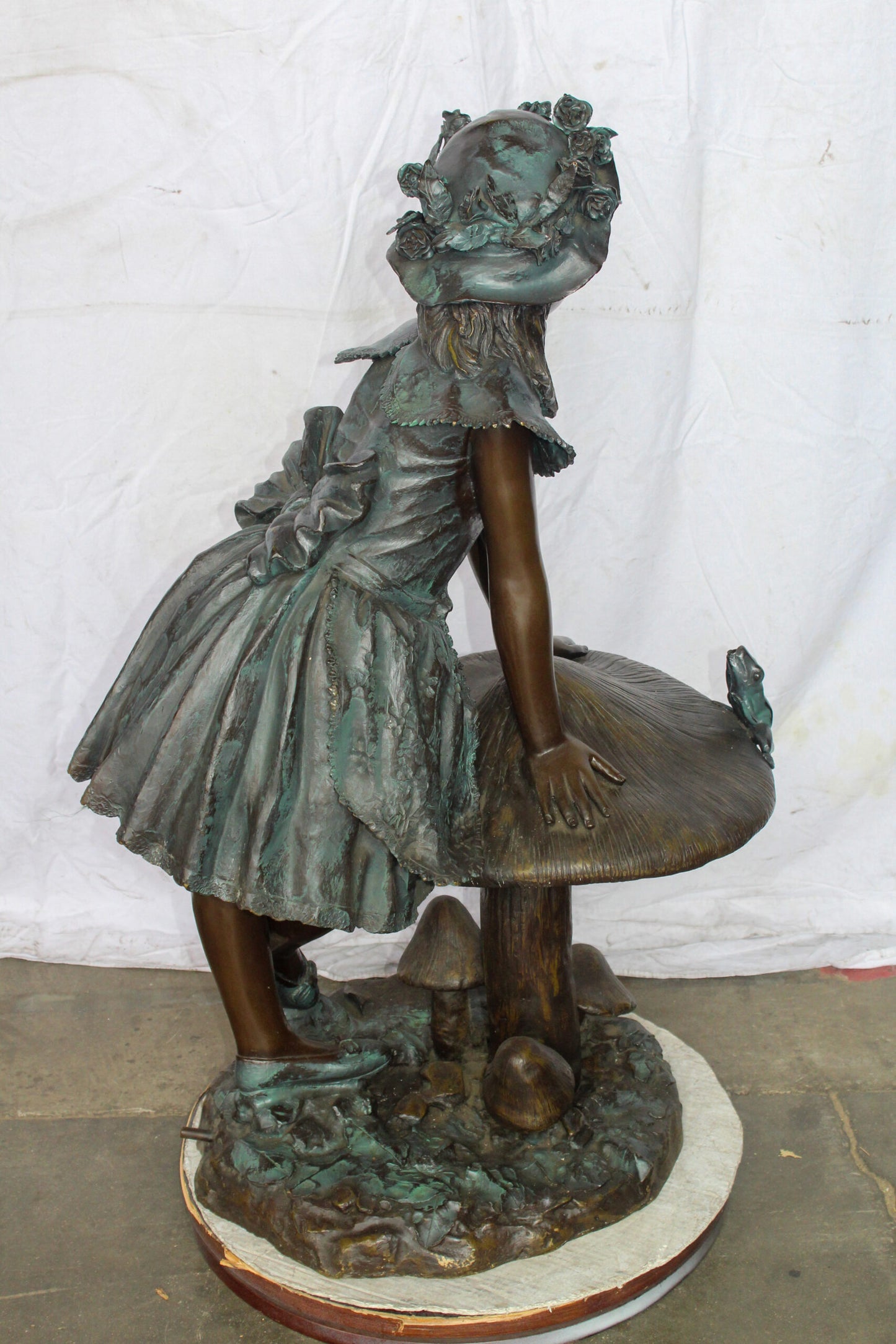 Elegant Girl Standing by a Frog on a Mushroom Bronze Fountain 31" x 20" x 43"H