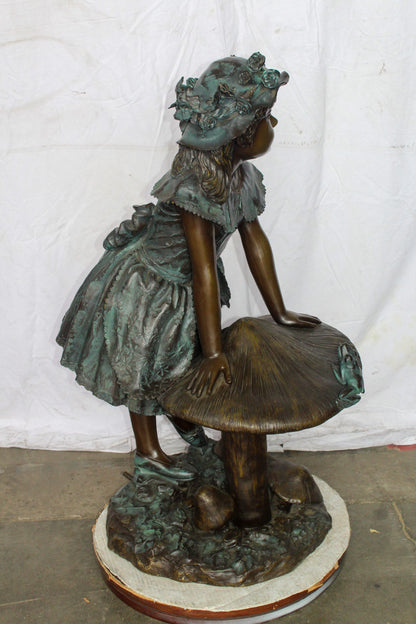 Elegant Girl Standing by a Frog on a Mushroom Bronze Fountain 31" x 20" x 43"H