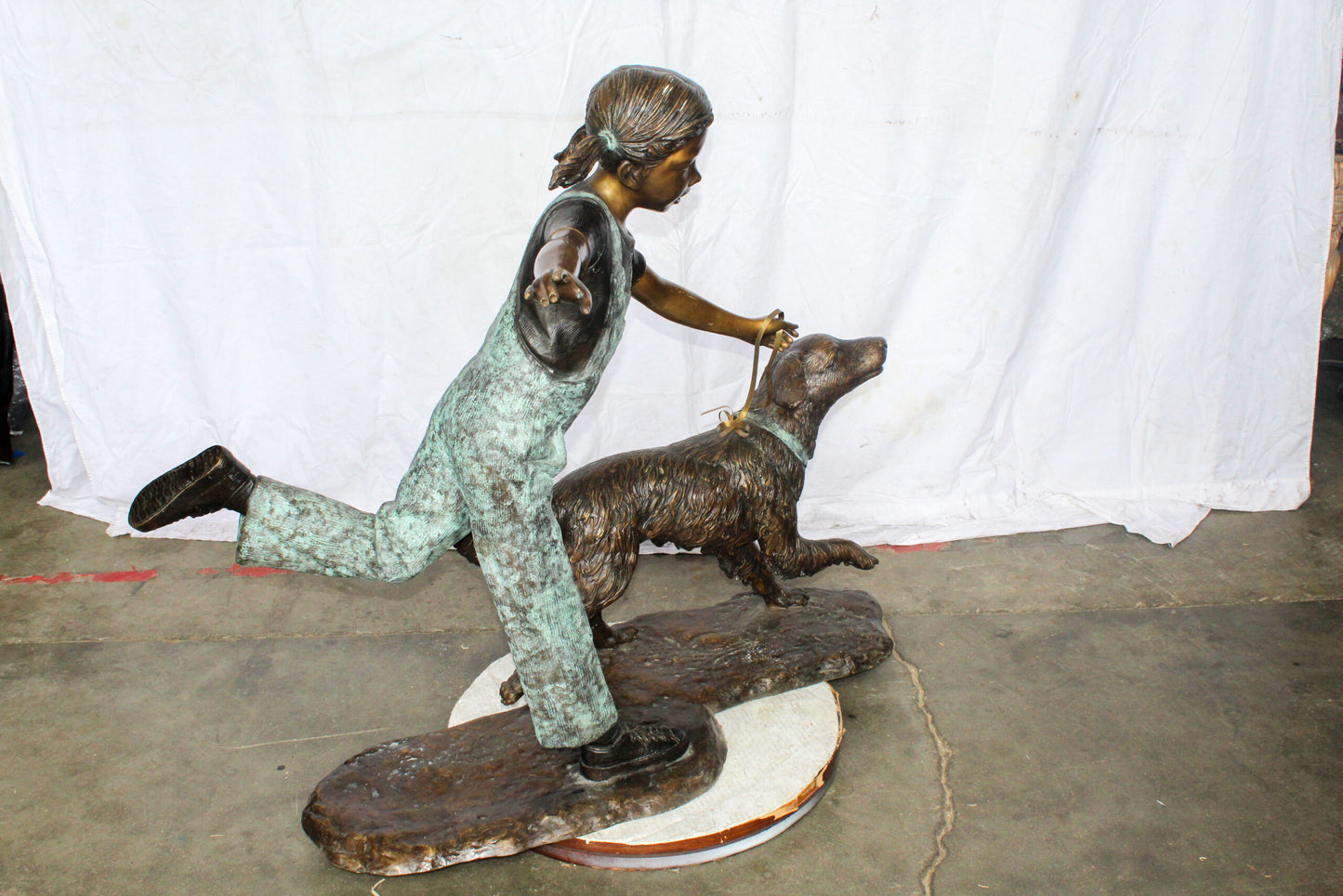 Young Girl and Her Dog Playing Bronze Statue 53" x 21" x 40"H